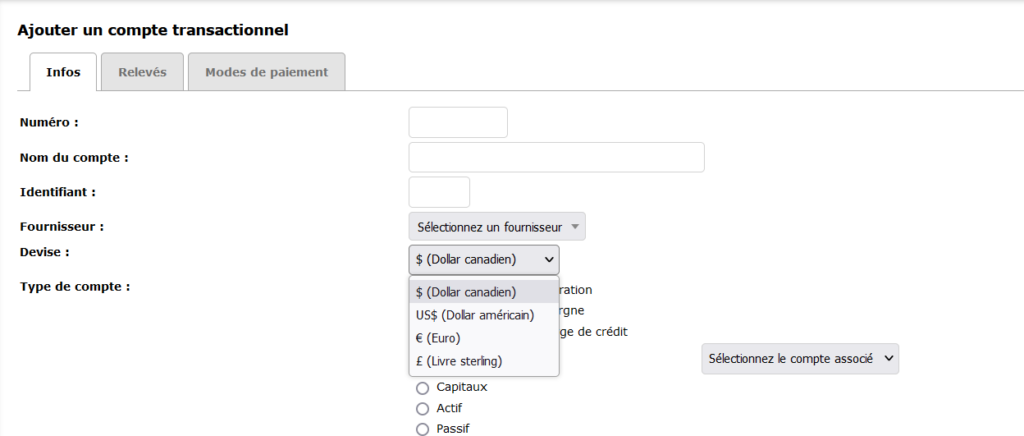 Vue de la page du nouveau compte transactionnel à configurer avec l'option de la devise à choisir.