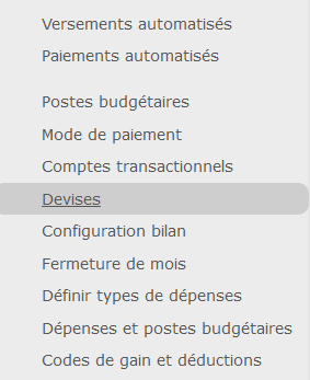 Menu secondaire de gauche avec le lien vers la configuration de la devise étrangère à ajouter.