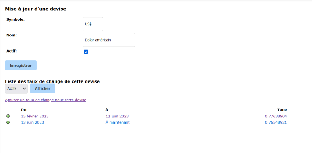 Page de mise à jour d'un taux de change lié à une devise étrangère.
