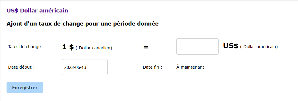 Page d'ajout d'un nouveau taux de change.