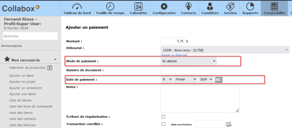 Payer un déboursé en ajoutant le mode de paiement et la date.