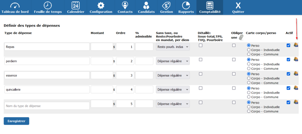 image montrant la même icône des deux petits bonshommes sur laquelle vous pouvez cliquer.  Sous comptabilité, à côté de chaque type de dépense.