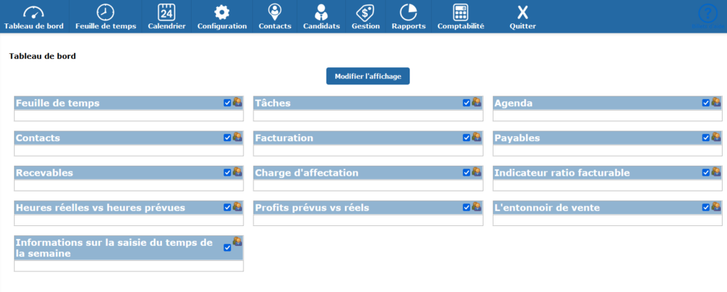 Image du tableau de bord, lorsqu'on clique sur personnaliser la page.  L'icône des deux petits bonshommes se trouve à droite de chacun des types d'affichage.