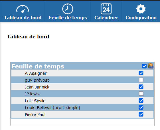 En cliquant sur l'icône des 2 personnes, tous vos employés s'affichent et vous pouvez cochez qui pourra avoir accès à votre tableau de bord, par exemple.