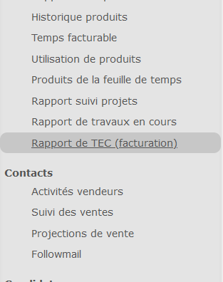 Rapport de TEC (facturation) dans le menu Rapports qui se trouve dans le menu de gauche de votre écran.