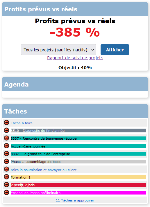 Sur cette image on voit le ratio profits versus réels, l'agenda et les tâches.