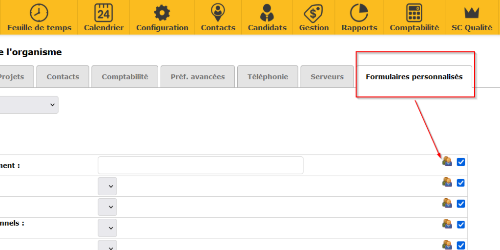 Image montrant le premier endroit où vous trouvez la sélection des accès spécifiques de vos employés. Ici, sous l'onglet Formulaires personnalisés. vous trouverez l'icône de deux petits bonhommes sur laquelle cliquez pour accéder à la personnalisation des employés.