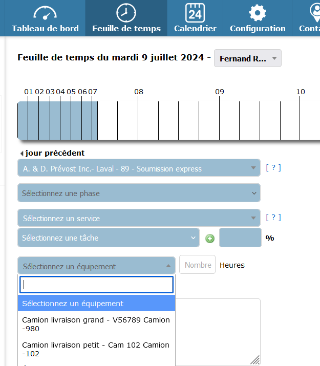 Choisir un équipement via la feuille de temps.