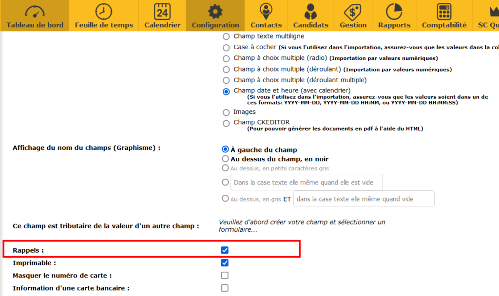 Menu configuration, case à cocher rappel