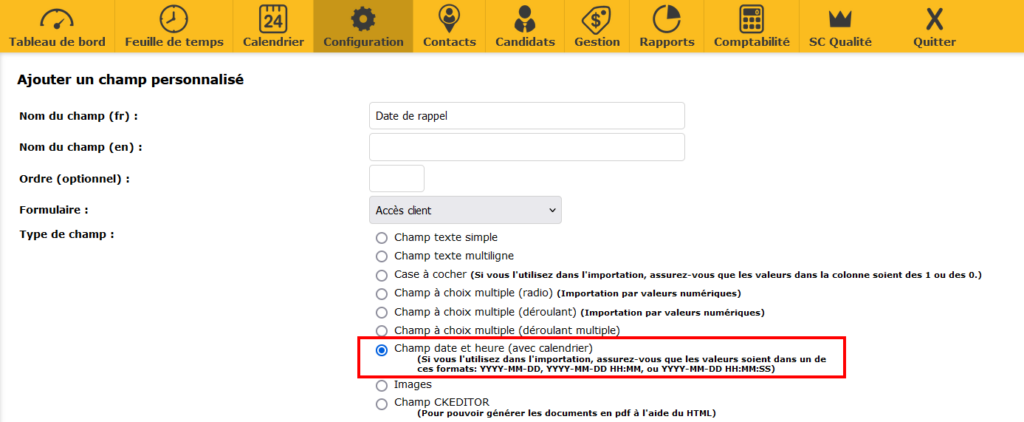 Menu configuration champ date et heure