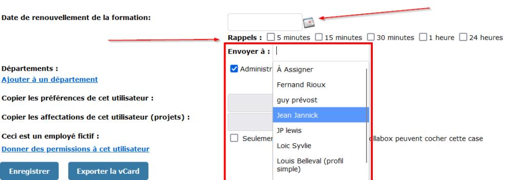 Configuration d'un rappel