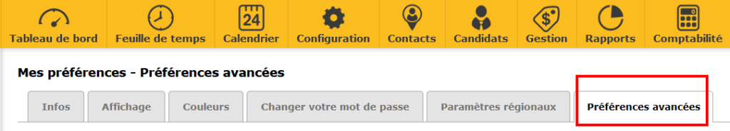 Interface des 'Préférences avancées' permettant de choisir les types de notifications à recevoir (e-mail, SMS) via des cases à cocher.