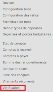 Dans le menu de gauche comptabilité tout en bas se situe le mot vérification sur lequel il faut cliquer