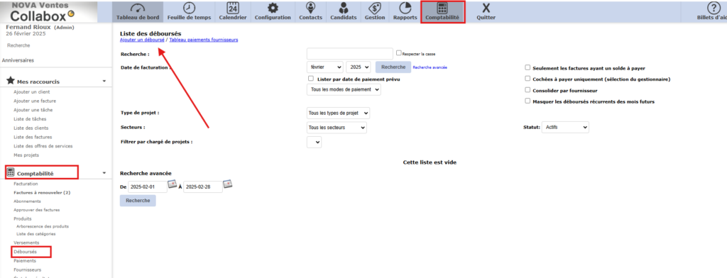 Capture d'écran montrant comment accéder à l'élément 'déboursé' dans le logiciel de comptabilité : Menu 'comptabilité' en haut de page, puis sélection de 'déboursé' dans le menu de gauche.