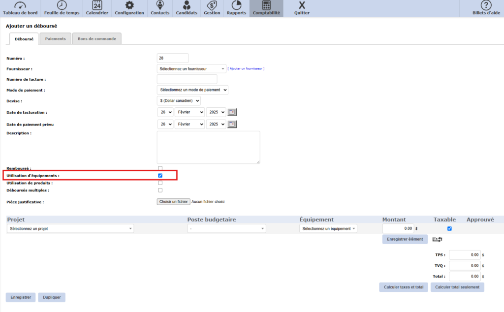 Capture d'écran du formulaire 'Ajouter un déboursé' : Étape 1, remplir les informations générales. Étape 2, cocher 'Utilisation d'équipements' et compléter les détails du projet, poste budgétaire, équipement et montant.