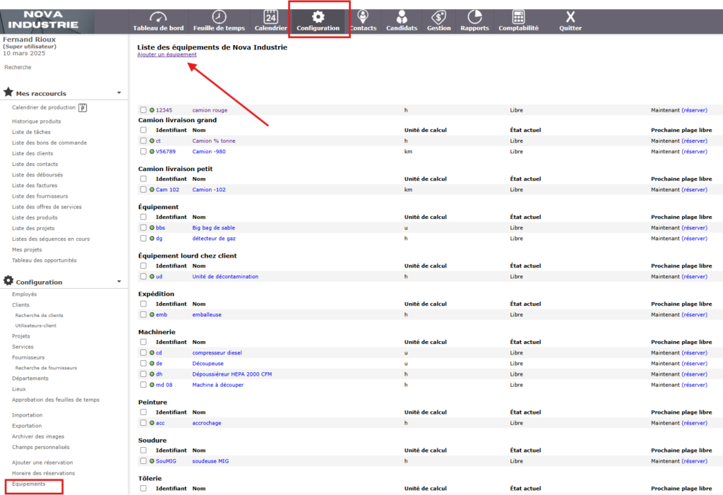 Liste des équipements Nova Industrie : ajout et gestion