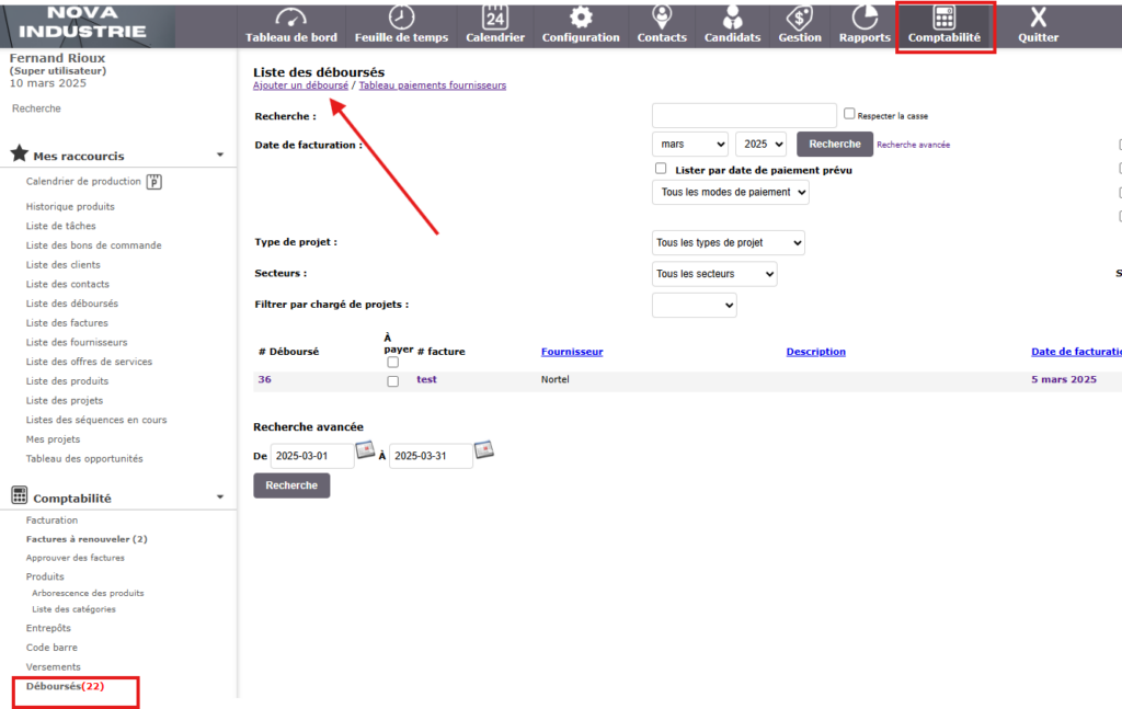 Liste des déboursés dans Collabox, avec options de recherche et un déboursé affiché.