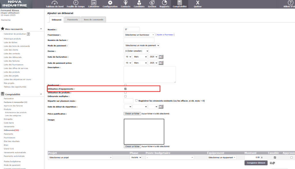 Capture d'écran du formulaire 'Ajouter un déboursé' dans Collabox, montrant les champs à remplir et l'option 'Utilisation d'équipements' cochée.