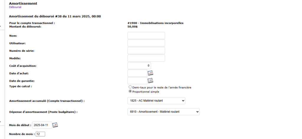 Capture d'écran du formulaire d'amortissement de déboursé dans Collabox, affichant les champs et options de calcul.