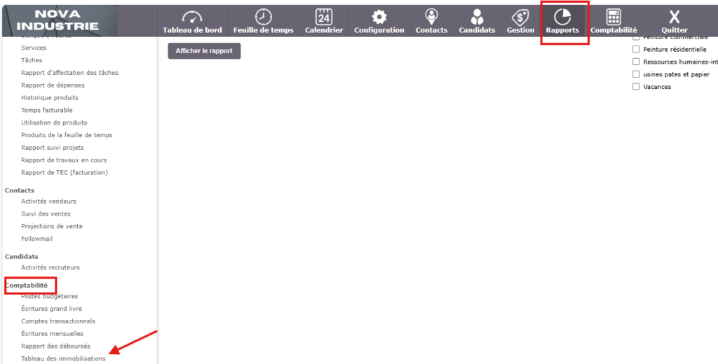 Navigation dans Collabox : onglets Rapports et Comptabilité, avec Tableau des immobilisations sélectionné.