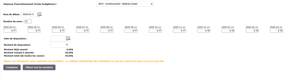 Capture d'écran du formulaire de calcul d'amortissement dans Collabox, affichant les détails du déboursé, les montants d'amortissement et les options de calcul.
