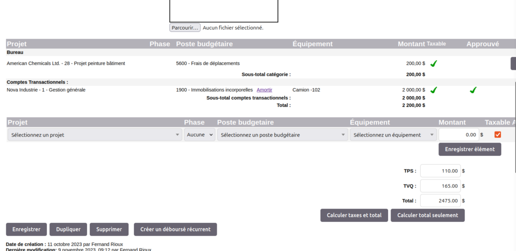 Capture d'écran du formulaire 'Ajouter un déboursé' dans Collabox, affichant les champs pour le projet, la phase, le poste budgétaire, l'équipement, le montant et les taxes.