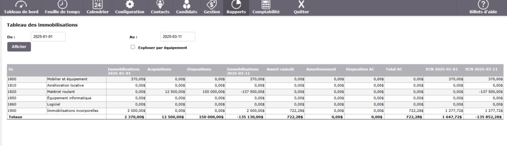 Tableau des immobilisations dans Collabox, affichant les détails des actifs et l'amortissement.